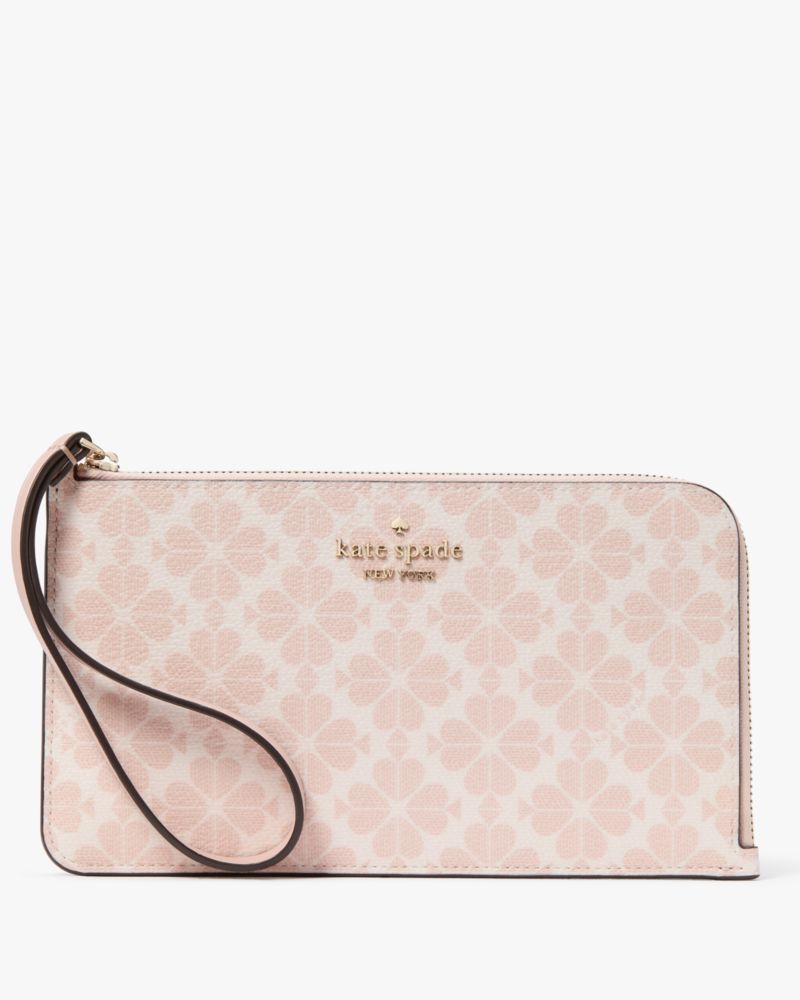 Kate Spade,Lucy Spade Flower Medium L-zip Wristlet,Wristlet,Pouch,PVC,Logo,Metal,Silver Metal,Casual,