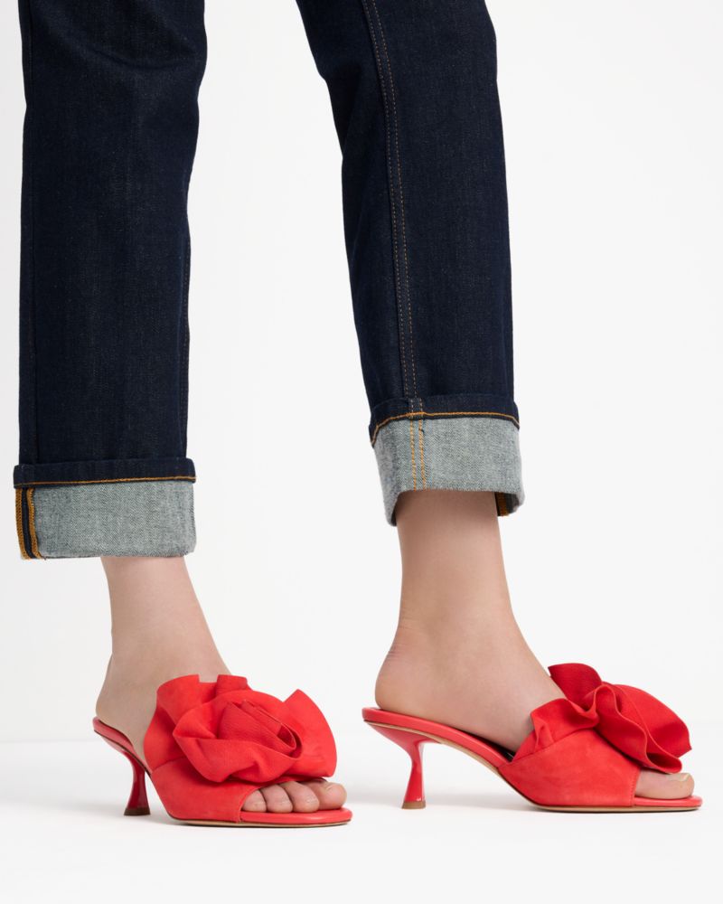 Kate Spade,Flourish Heeled Sandal,Lining Leather,Suede,Slides,3D Embellishment,Cocktail,Red