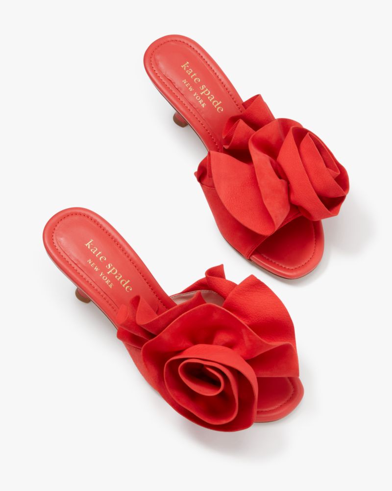 Kate Spade,Flourish Heeled Sandal,Lining Leather,Suede,Slides,3D Embellishment,Cocktail,Red