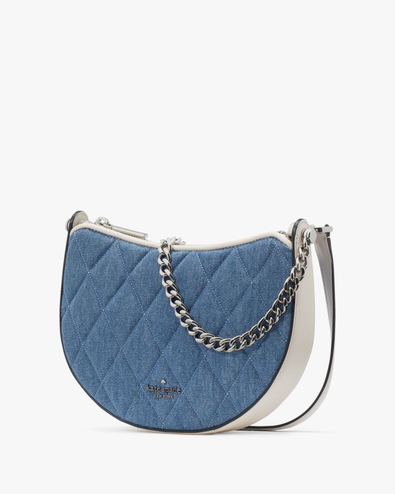 Kate Spade,Carey Denim Zip Top Crossbody,Denim,Crossbody,Logo,Metal,Color Block,Lined,Silver Metal,Day Party,