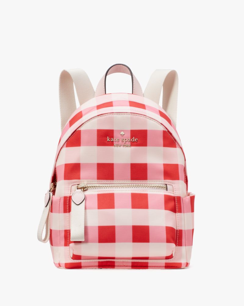 Kate Spade,Chelsea Gingham Mini Backpack,Leather,Nylon,Backpack,PVC,Logo,Metal,Lined,Day Party,