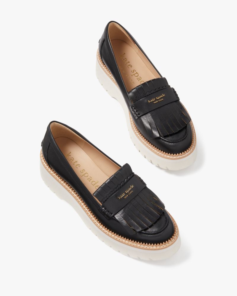 Kate Spade,Caddy Loafers,Leather,Lining Leather,Flats,Loafer,Logo,Word Embellishment,Kilties,Zig Zag Trim,Piping,Casual,Black