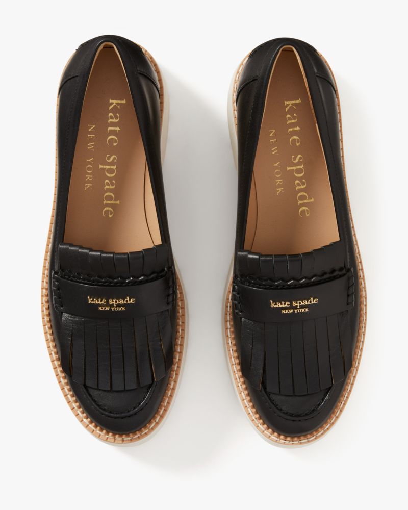 Kate Spade,Caddy Loafers,Leather,Lining Leather,Flats,Loafer,Logo,Word Embellishment,Kilties,Zig Zag Trim,Piping,Casual,Black