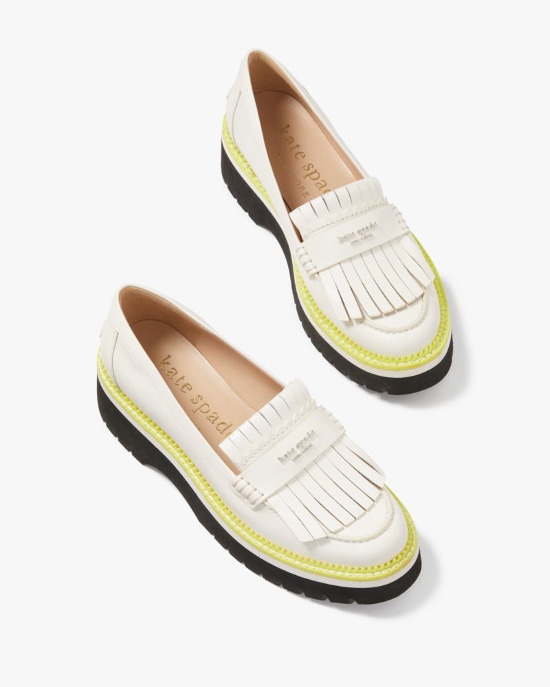 Kate Spade,Caddy Loafers,Leather,Lining Leather,Flats,Loafer,Logo,Word Embellishment,Kilties,Zig Zag Trim,Piping,Casual,Cream