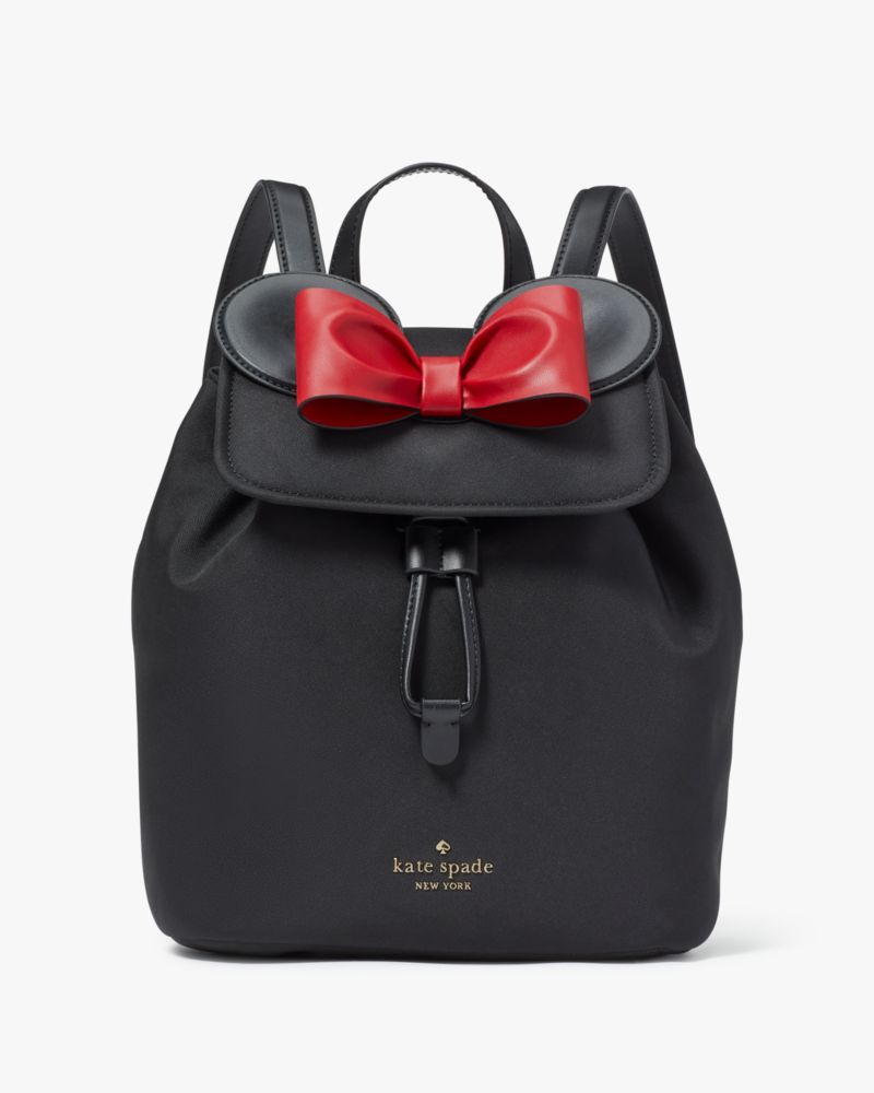 Kate Spade,Disney X Kate Spade New York Minnie 3d Flap Backpack,Lining Nylon,Backpack,Bow,Metal,3D Embellishment,Lined,Day...,Black