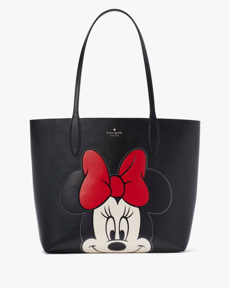 Kate Spade,Disney X Kate Spade New York Reversible Minnie Tote,Leather,Lining Leather,Pouch,Tote,Logo,Applique,Word Embell...,Black