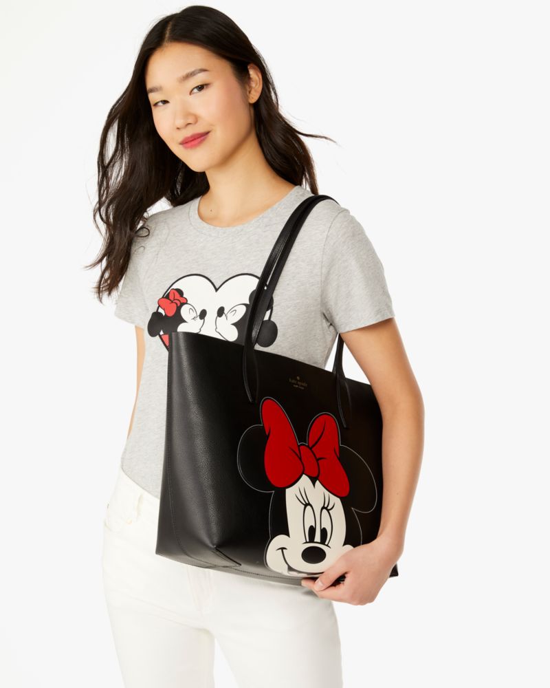 Kate Spade,Disney X Kate Spade New York Reversible Minnie Large Tote,Leather,Lining Leather,Pouch,Tote,Logo,Applique,Word ...,Black