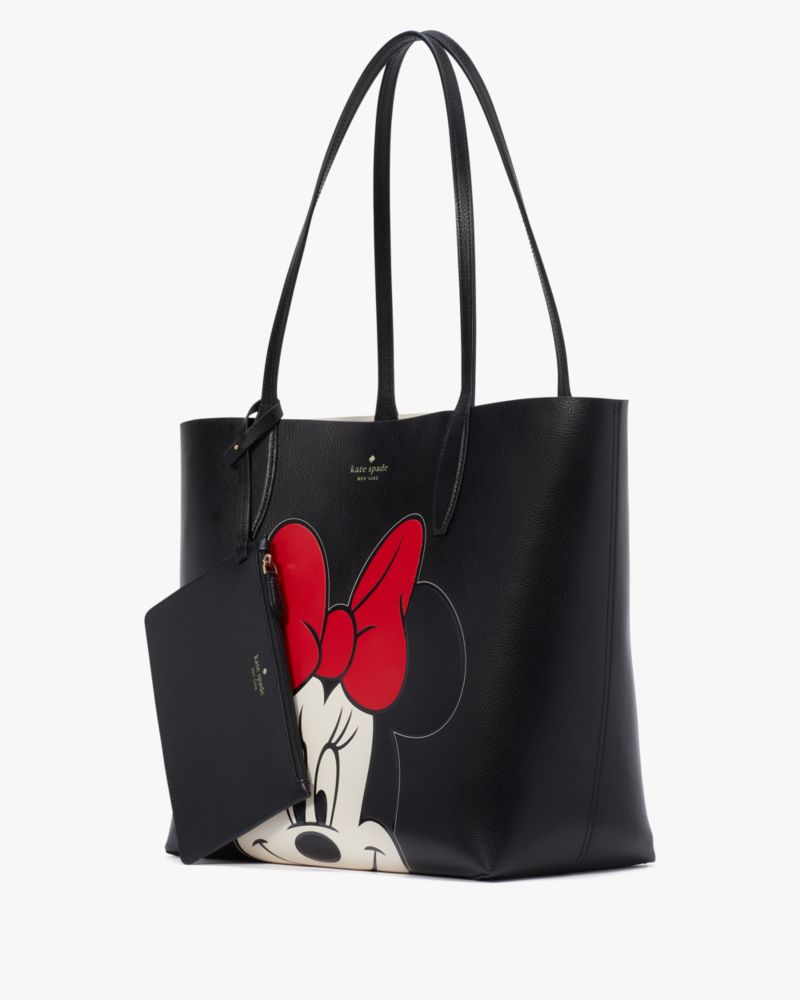 Kate Spade,Disney X Kate Spade New York Reversible Minnie Large Tote,Leather,Lining Leather,Pouch,Tote,Logo,Applique,Word ...,Black