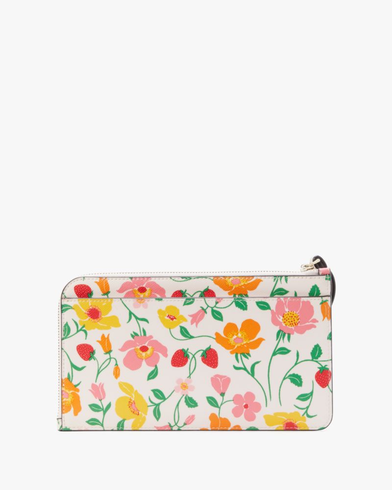 セール☆kate spade LucyフラワーアップリケLジップリストレット Kate Spade Strawberry Garden Medium L-zip Lucy Wristlet Pink