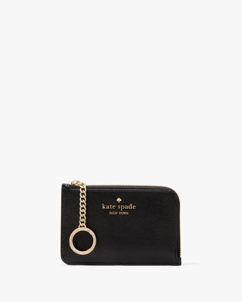 Kate Spade,Madison Medium L-zip Card Holder,Leather,Continental,Coin,Metal,Logo,Gold Metal,Casual,Black