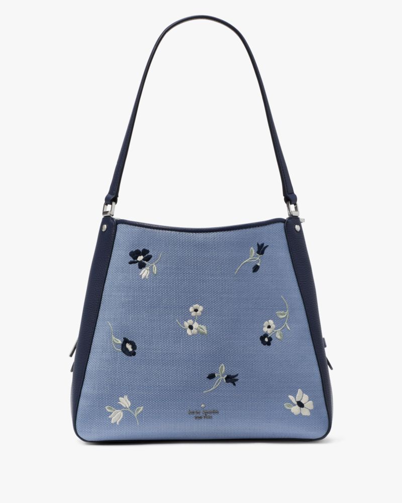 Kate Spade,Leila Floral Embroidered Medium Triple Compartment Shoulder Bag,Indigo Shadow Multi