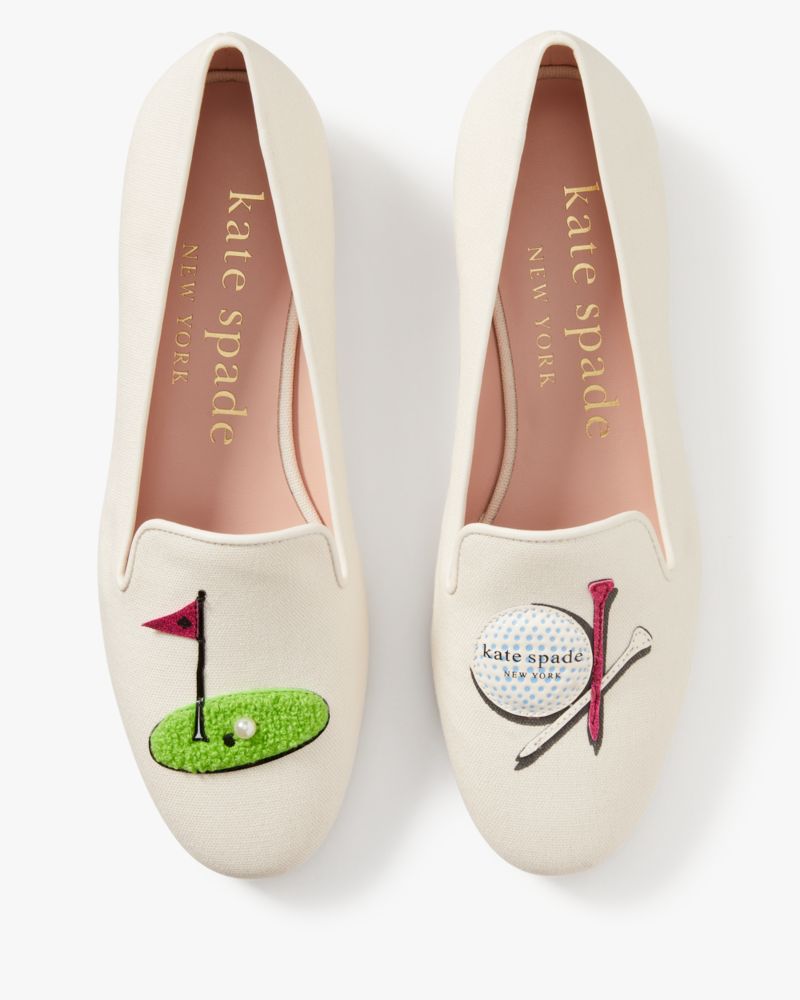 Kate Spade,Lounge Golf Loafers,Canvas,Lining Leather,Smoking Flat,Applique,Pearl,Shearling,Logo,Word Embellishment,Side Ve...,Cream