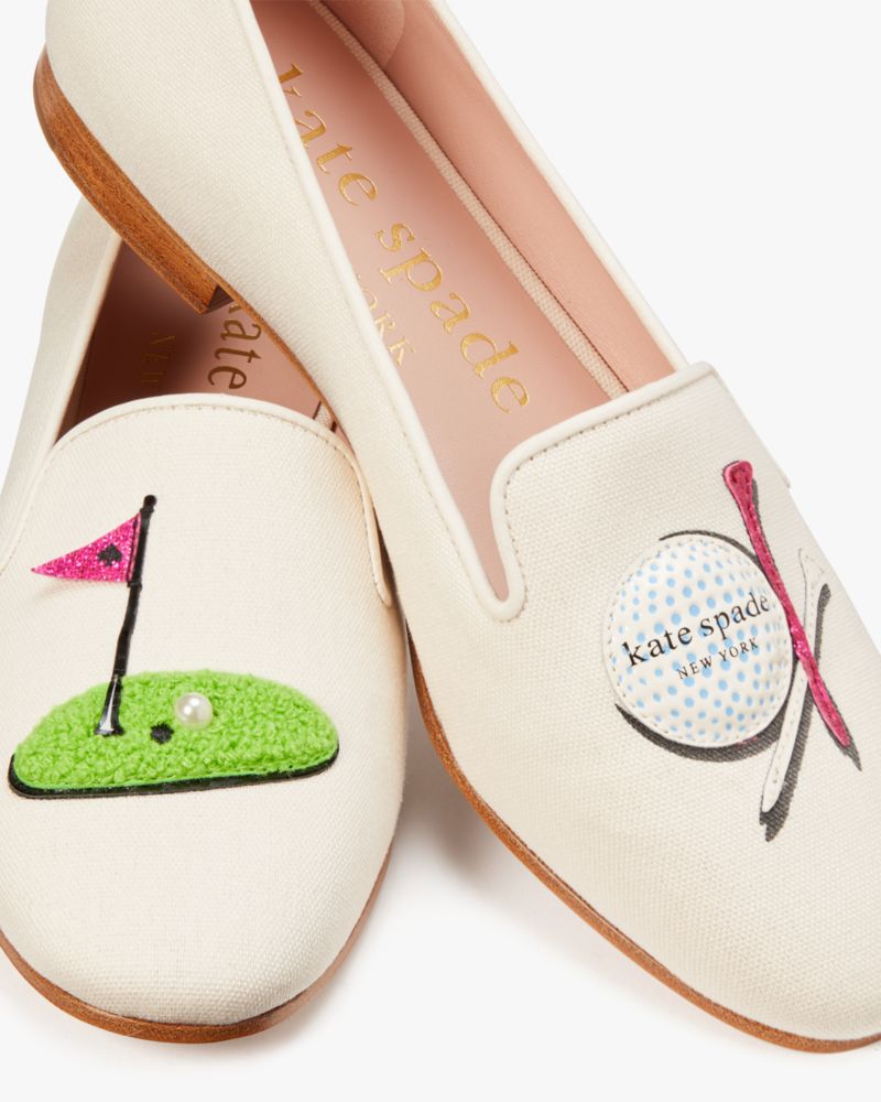 Kate Spade,Lounge Golf Loafers,Canvas,Lining Leather,Smoking Flat,Applique,Pearl,Shearling,Logo,Word Embellishment,Side Ve...,Cream