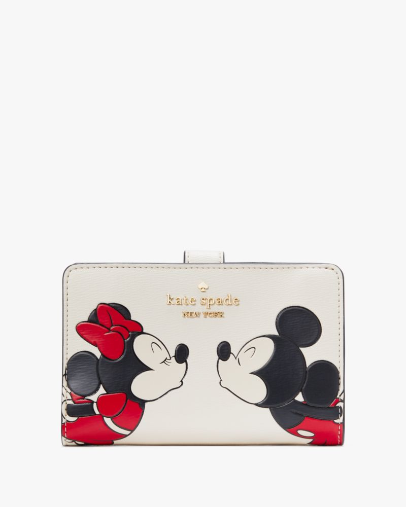 Kate Spade,Disney X Kate Spade New York Minnie Medium Compact Bifold Wallet,Bi Fold,PVC,Metal,Logo,Gold Metal,Casual,Cream