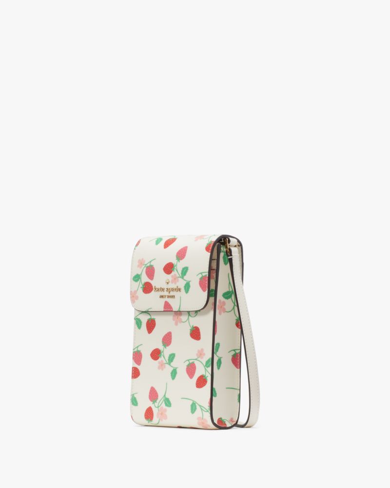 Kate Spade,Strawberry Vine North South Phone Crossbody,Mobile Bag,PVC,Logo,Metal,Lined,Gold Metal,Casual,