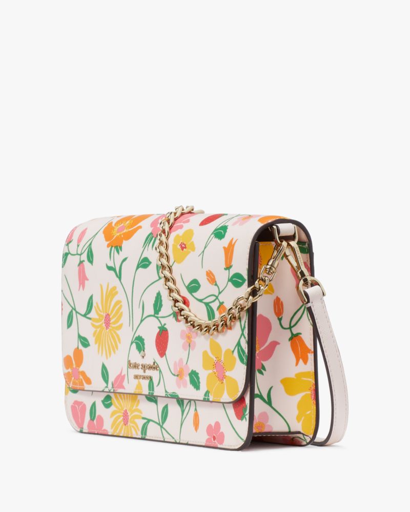 Kate Spade,Madison Strawberry Garden Printed Flap Convertible Crossbody,Crossbody,PVC,Logo,Metal,Lined,Gold Metal,Day Party,