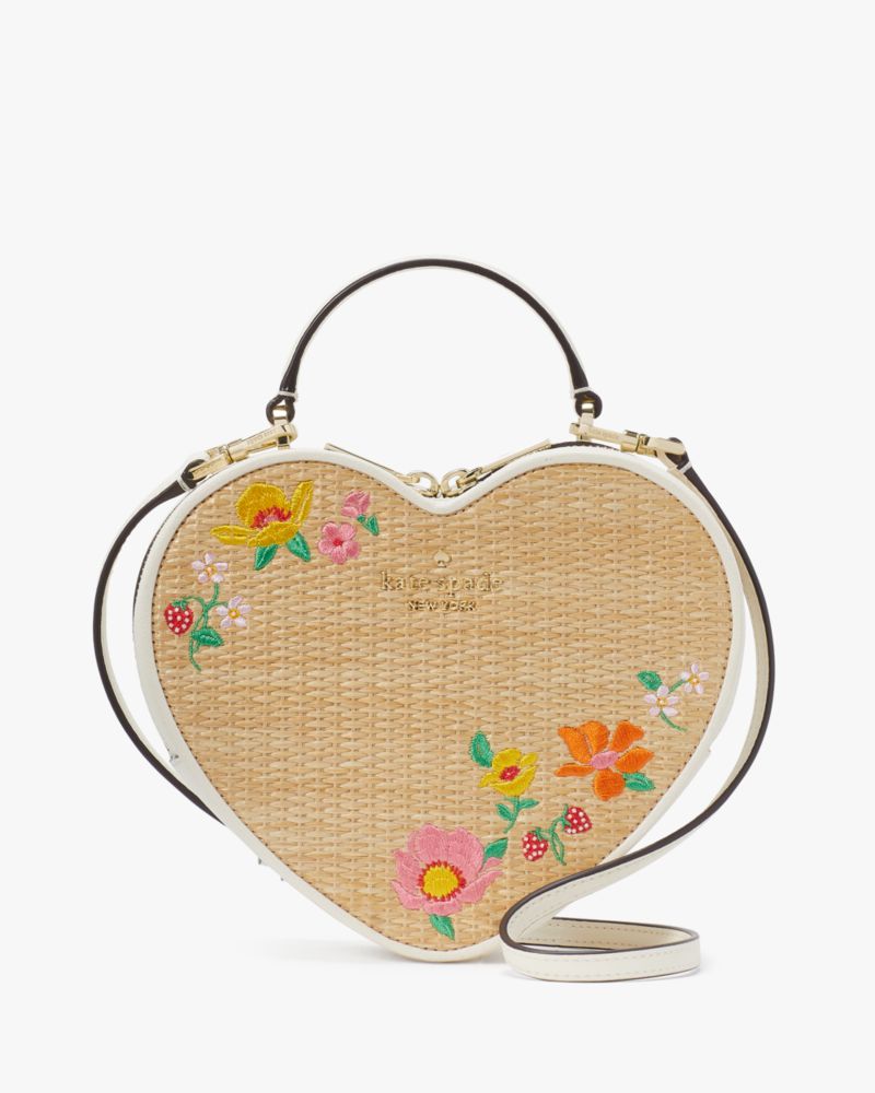 Kate Spade,ラブ シャック フローラル エンブロイダード ラフィア ハート クロスボディ,バッグ,メレンゲマルチ