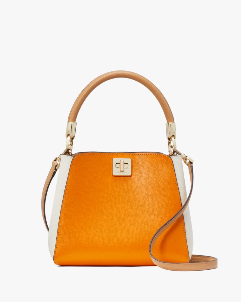 Kate Spade,Phoebe Small Colorblock Top Handle Satchel,Lining Leather,Satchel,Color Block,Logo,Metal,Lined,Day Party,Orange