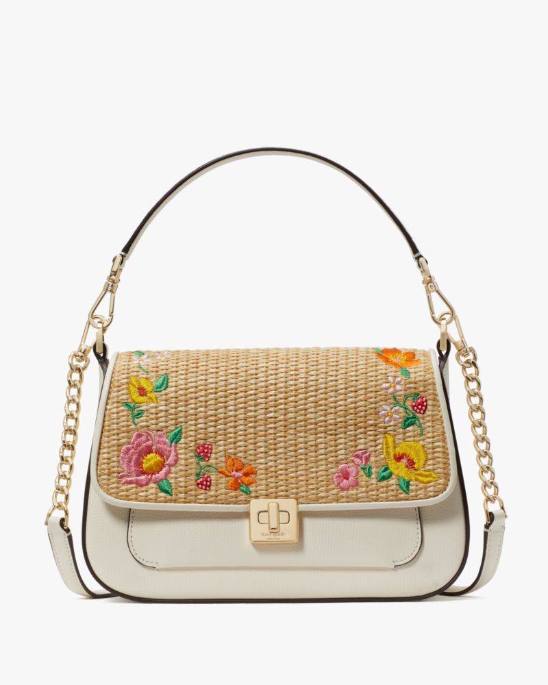 Kate Spade,Phoebe Embroidered Straw Flap Crossbody,Meringue Multi