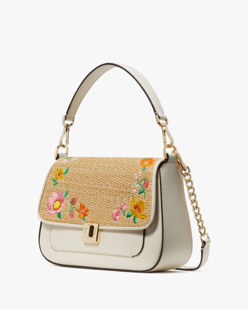 Kate Spade,Phoebe Embroidered Straw Flap Crossbody,Straw,Meringue Multi