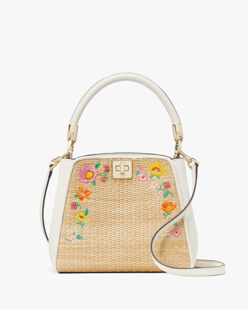 Kate Spade,Phoebe Embroidered Straw Top Handle Satchel,Meringue Multi