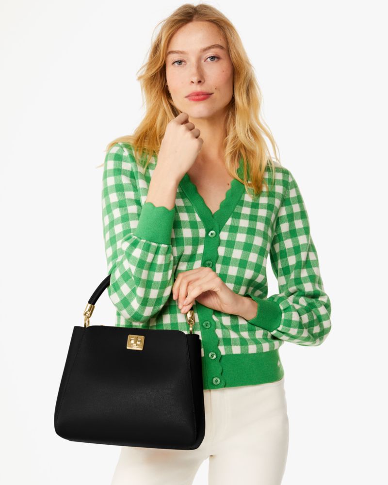 Kate Spade,Phoebe Medium Top Handle Satchel,Lining Leather,Satchel,PVC,Engraved Detail,Logo,Lined,Work,Black