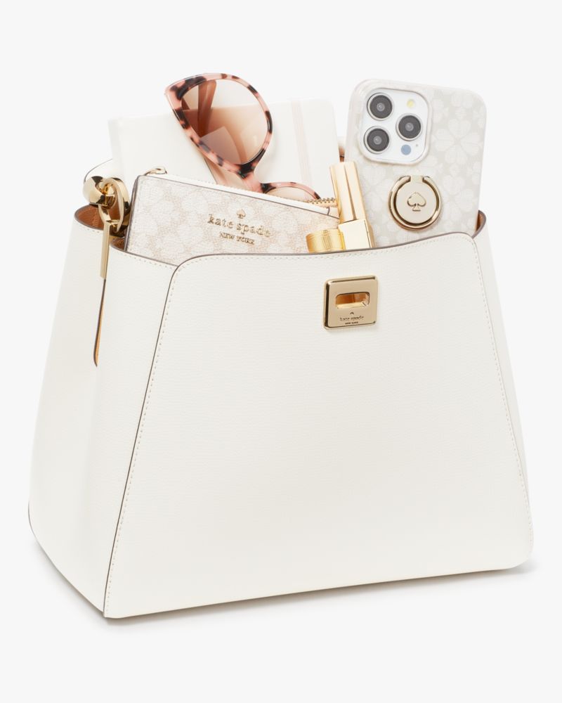 Kate Spade,Phoebe Medium Top Handle Satchel,Lining Leather,Satchel,PVC,Engraved Detail,Logo,Lined,Work,White