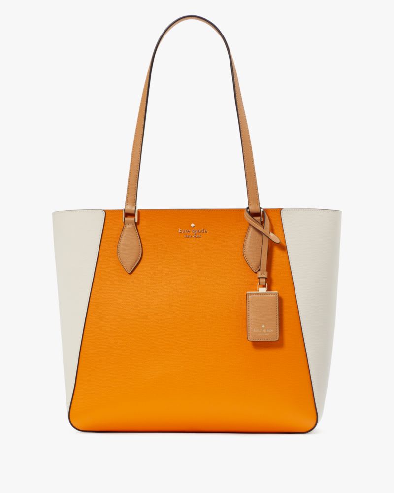 Kate Spade,Poppy Colorblock Large Tote,Lining Leather,Tote,Color Block,Metal,Logo,Lined,Casual,Orange