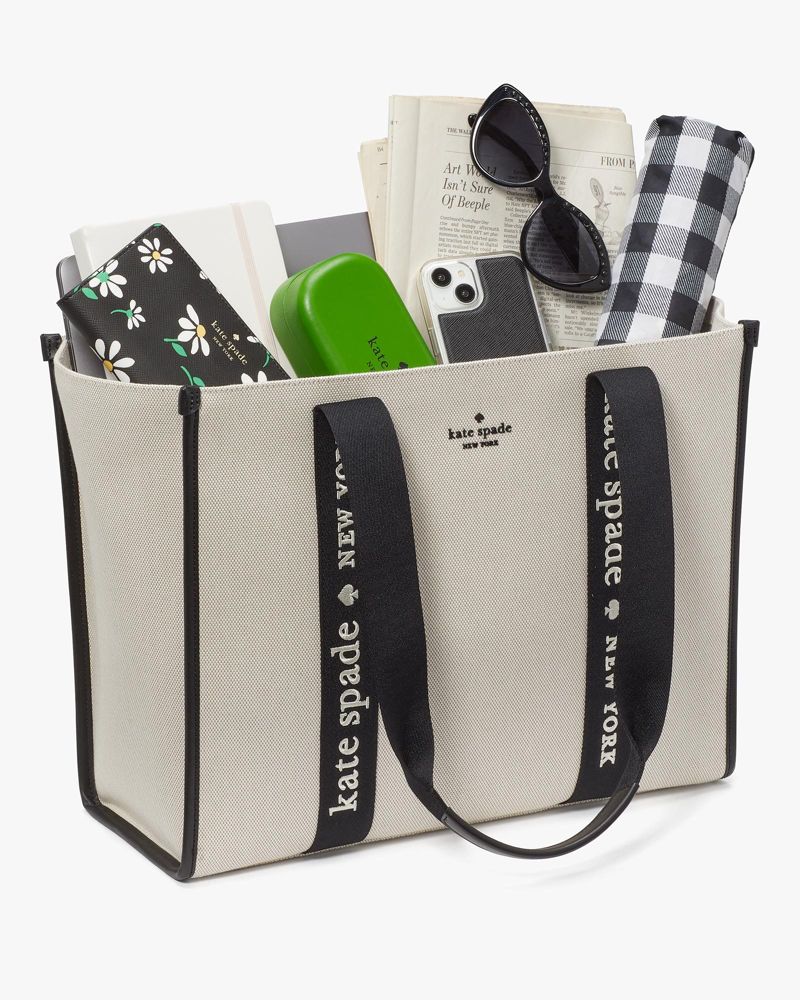 Kate Spade,Kip Canvas Large Tote,Lining Leather,Tote,Piping,Lined,Casual,Black