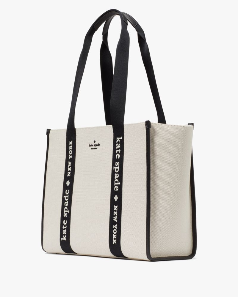 Kate Spade,Kip Canvas Large Tote,Lining Leather,Tote,Piping,Lined,Casual,Cream