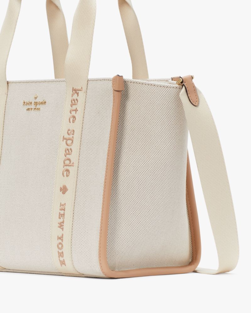 Kate Spade,Kip Canvas Small Tote,Lining Leather,Tote,Piping,Embroidered,Logo,Metal,Lined,Casual,Cream