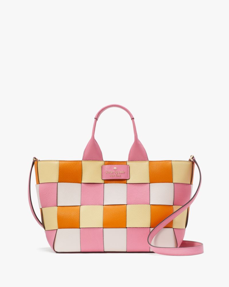 Kate Spade,Basket Woven Leather Tote,Pink Multi