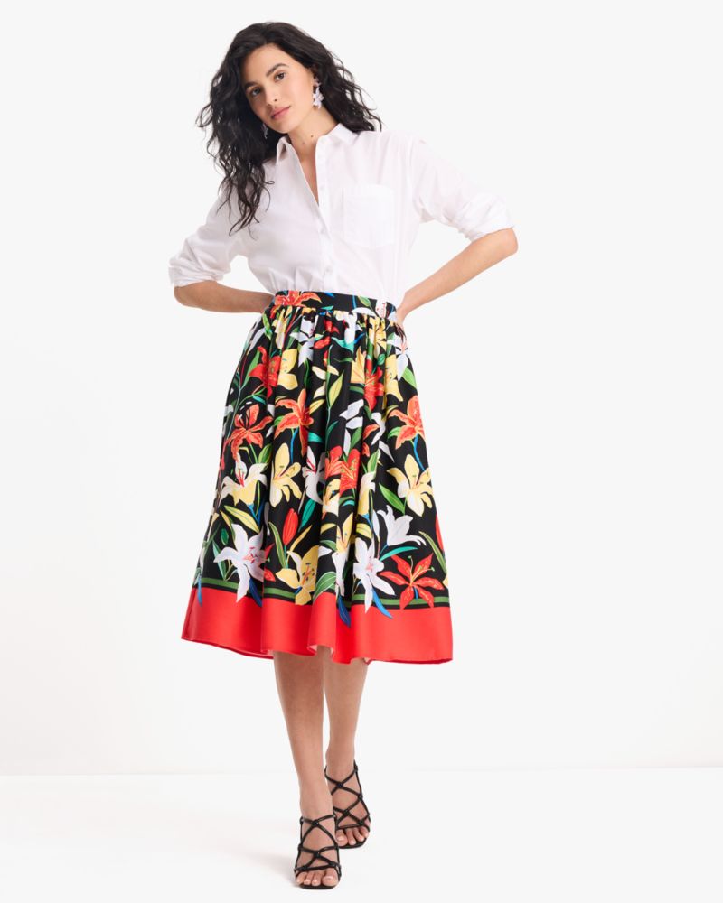 Kate Spade,Summer Lilies Skirt,Twill,Cotton,A-Line,Color Block,Piping,Ruched,Lined,Day Party,Multi Color