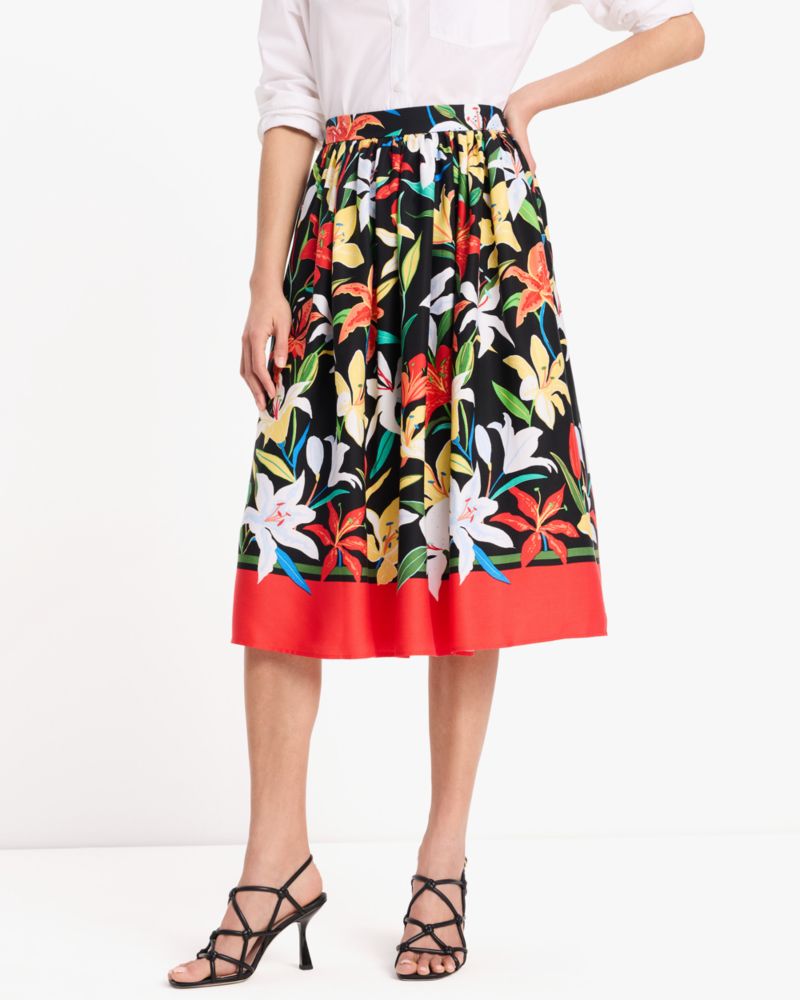 Kate Spade,Summer Lilies Skirt,Twill,Cotton,A-Line,Color Block,Piping,Ruched,Lined,Day Party,Multi Color