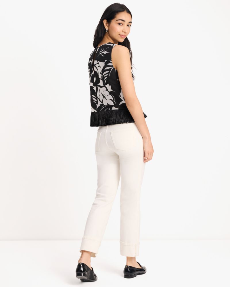 Kate Spade,Tropical Foliage Raffia Shell,Raffia,Tank,Fringe,Day Party,Black