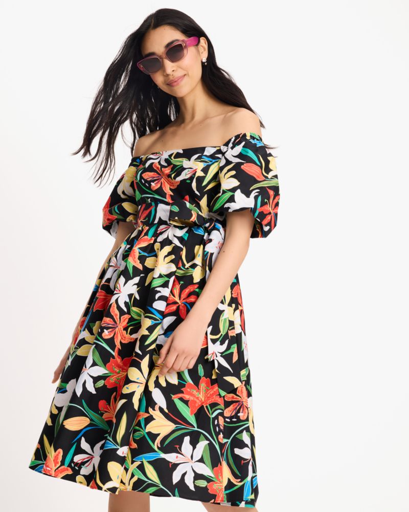 Kate Spade,Summer Lilies Off-the-shoulder Dress,Lining Cotton,Cotton,A-Line,Gathered Elastic Detail,Tie Belt,Pleats,Day Party,Multi Color