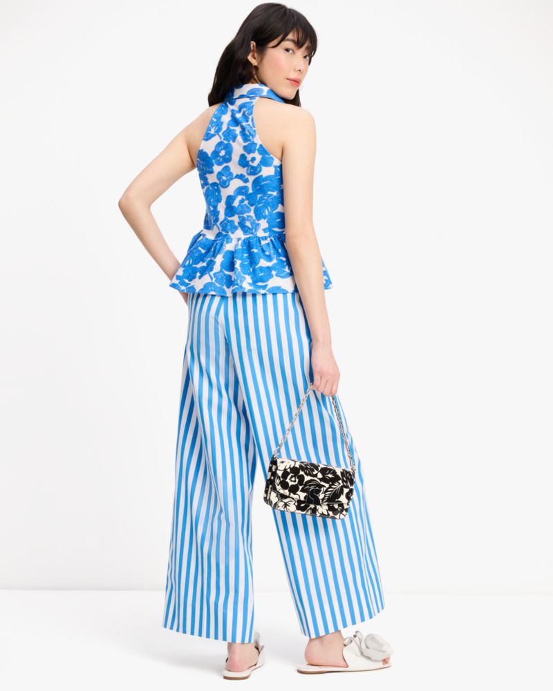 Kate Spade,Tropical Foliage Embroidered Top,Polyester,Peplum,Button Down,Ruffles,Embroidered,Day Party,Blue