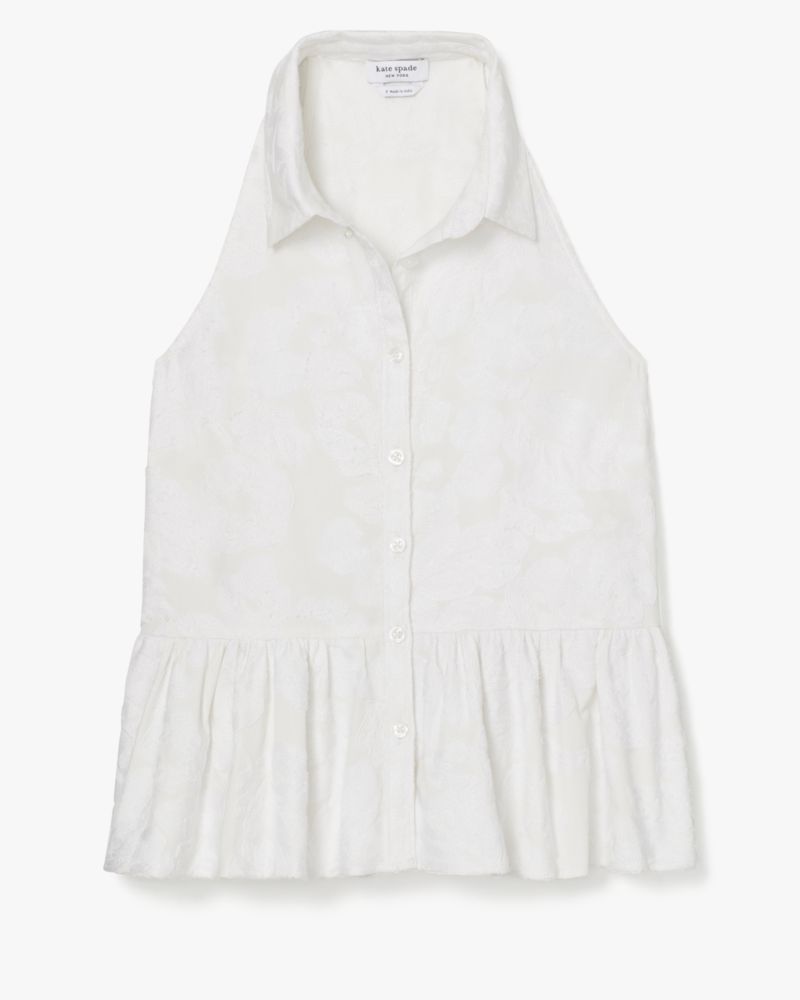 Kate Spade,Floral Eyelet Top,Polyester,Peplum,Button Down,Ruffles,Day Party,White