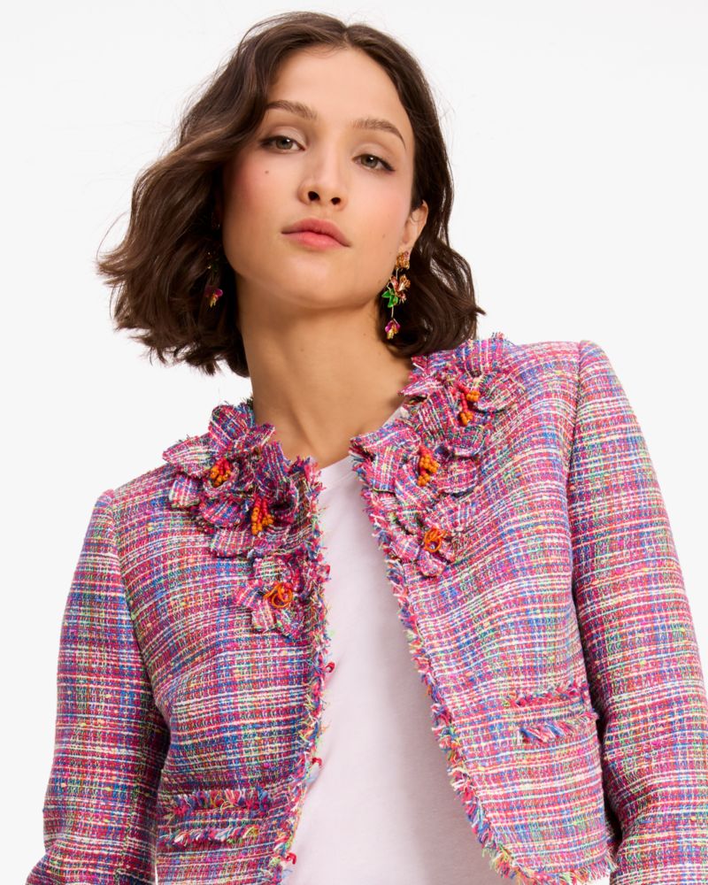 Kate Spade,Floral Embellished Tweed Jacket,Polyester,Tweed,Applique,Bead Embellishment,Frayed,Day Party,Multi Color