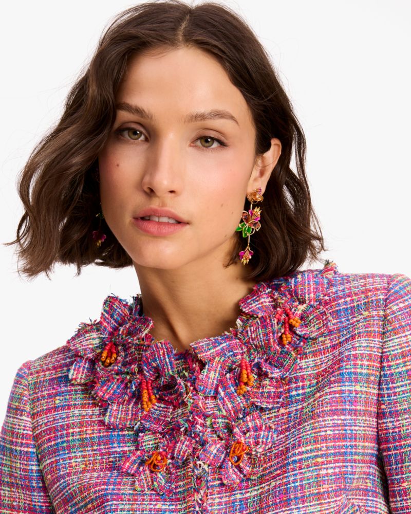 Kate Spade,Floral Embellished Tweed Jacket,Polyester,Tweed,Applique,Bead Embellishment,Frayed,Day Party,Multi Color