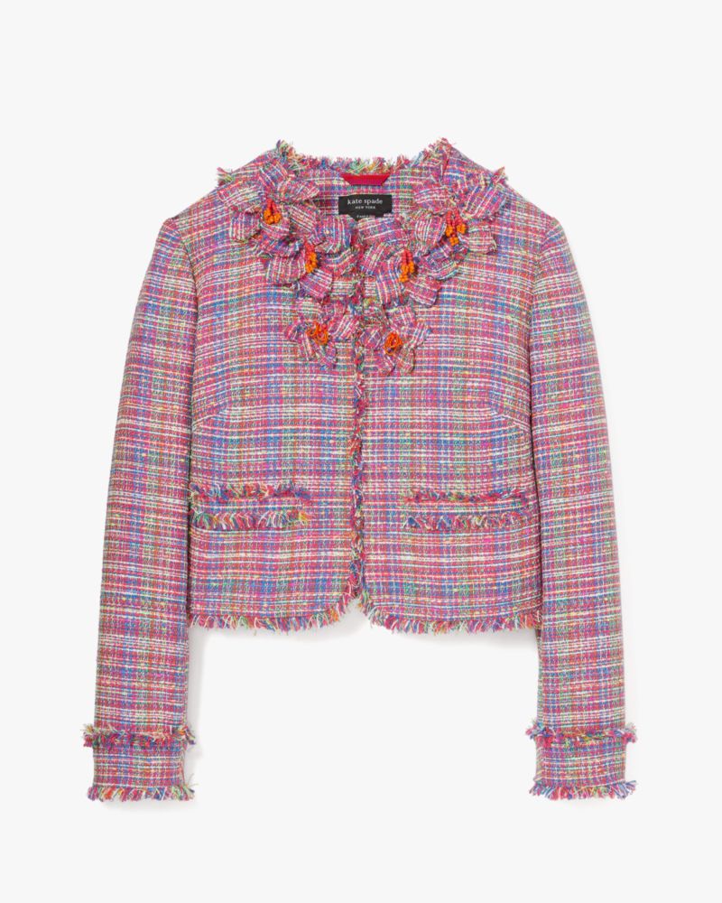 Kate Spade,Floral Embellished Tweed Jacket,Polyester,Tweed,Applique,Bead Embellishment,Frayed,Day Party,Multi Color