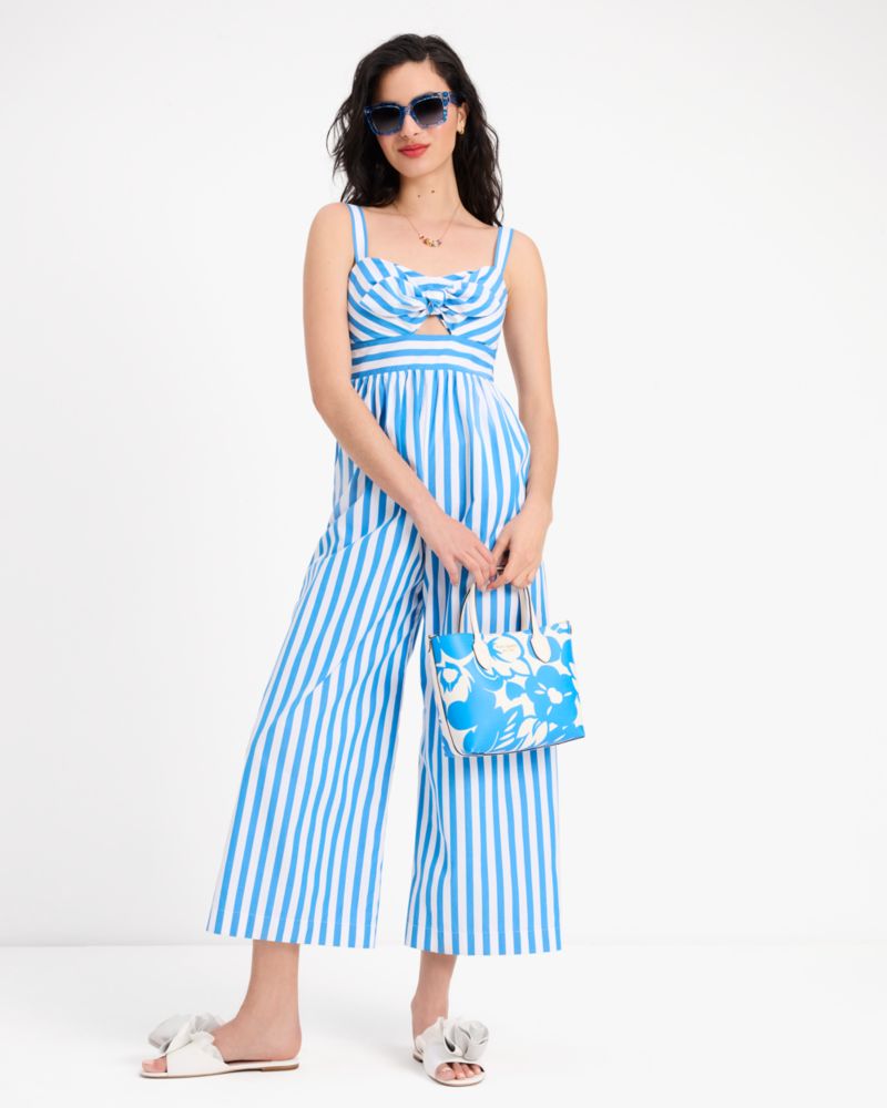 Kate Spade,Summer Stripe Jumpsuit,Cotton,Straight,Wide Leg,Pattern,Ruched,Shirring,Tie Belt,Adjustable,Day Party,