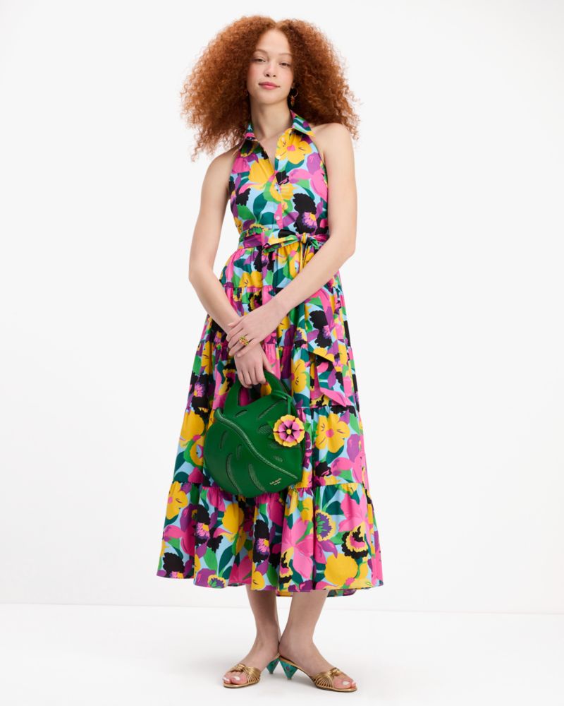 Kate Spade,Orchid Bloom Halter Dress,Cotton,Shirt Dress,Prairie,A-Line,Tie Belt,Shirring,Day Party,Multi Color