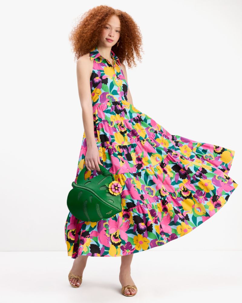 Kate Spade,Orchid Bloom Halter Dress,Cotton,Shirt Dress,Prairie,A-Line,Tie Belt,Shirring,Day Party,Multi Color