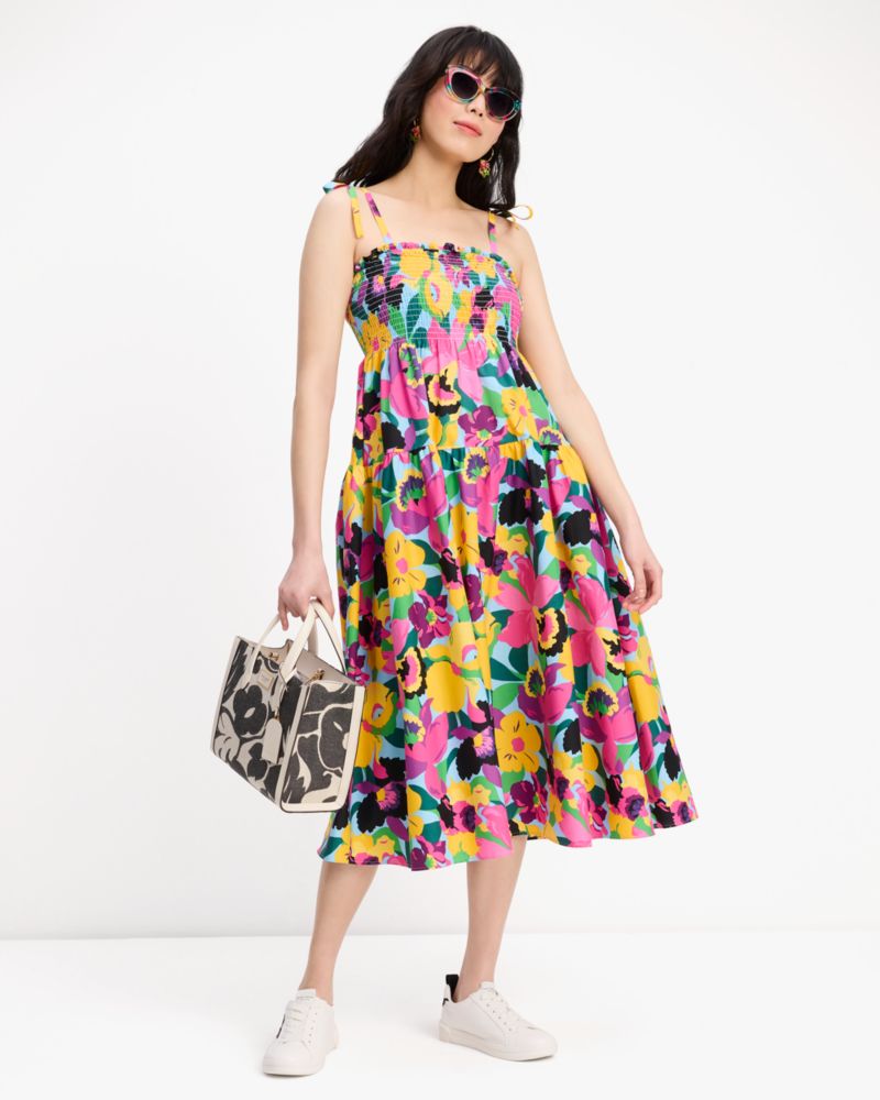 Kate Spade,Orchid Bloom Smocked Dress,Cotton,Sundress,A-Line,Frills,Ruched,Tie Belt,Shirring,Day Party,