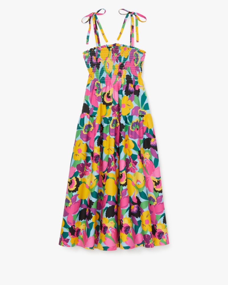 Kate Spade,Orchid Bloom Smocked Dress,Cotton,Sundress,A-Line,Frills,Ruched,Tie Belt,Shirring,Day Party,Multi Color