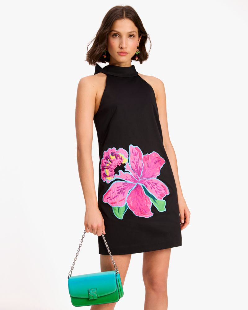 Kate Spade,Floral Appliqué Shift Dress,Polyester,Sheath,Bow,Bead Embellishment,Embroidered,Day Party,