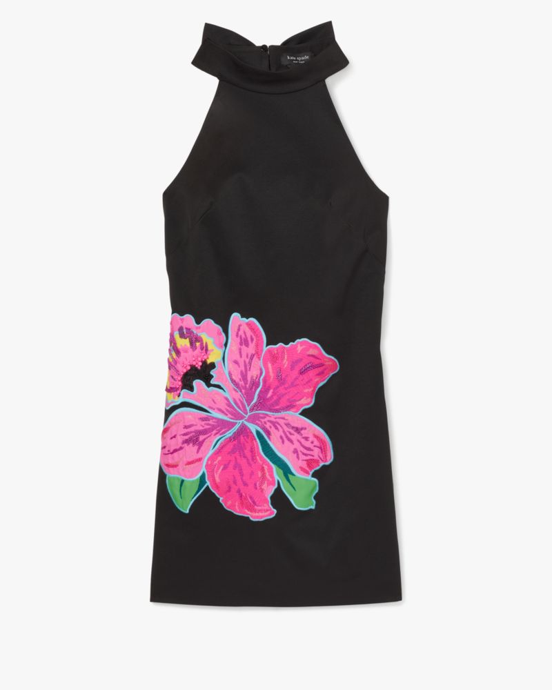 Kate Spade,Floral Appliqué Shift Dress,Polyester,Sheath,Bow,Bead Embellishment,Embroidered,Day Party,Black