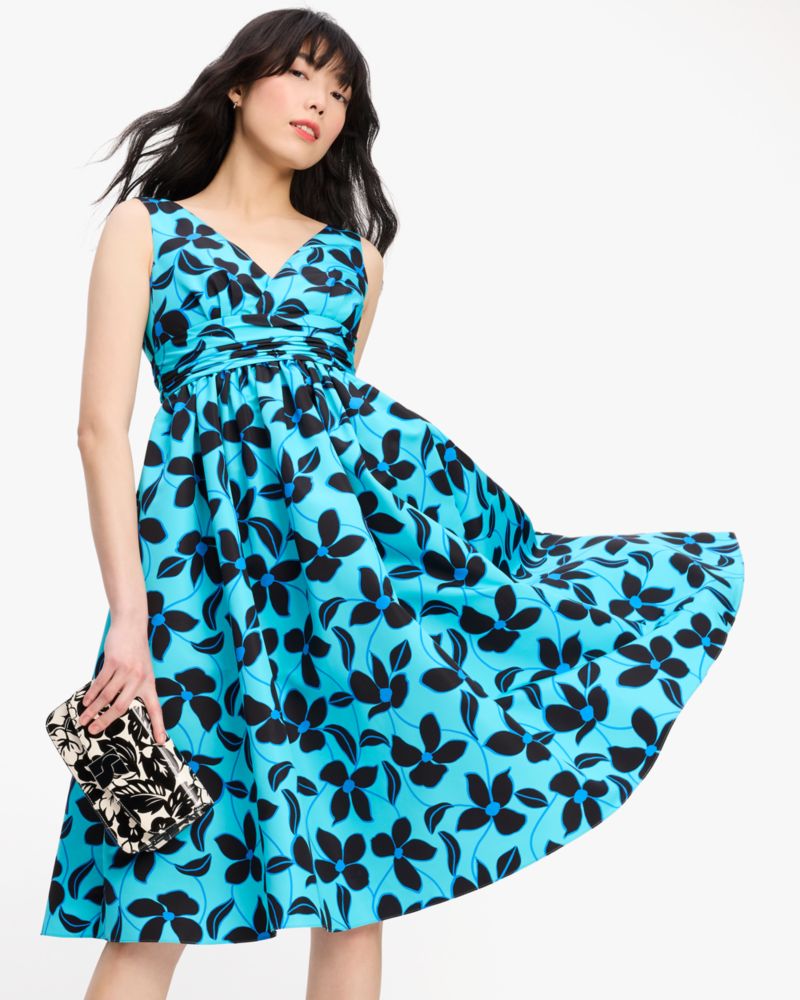 Kate Spade,Floral Vines V-neck Dress,Polyester,Fit & Flare,Ruched,Day Party,
