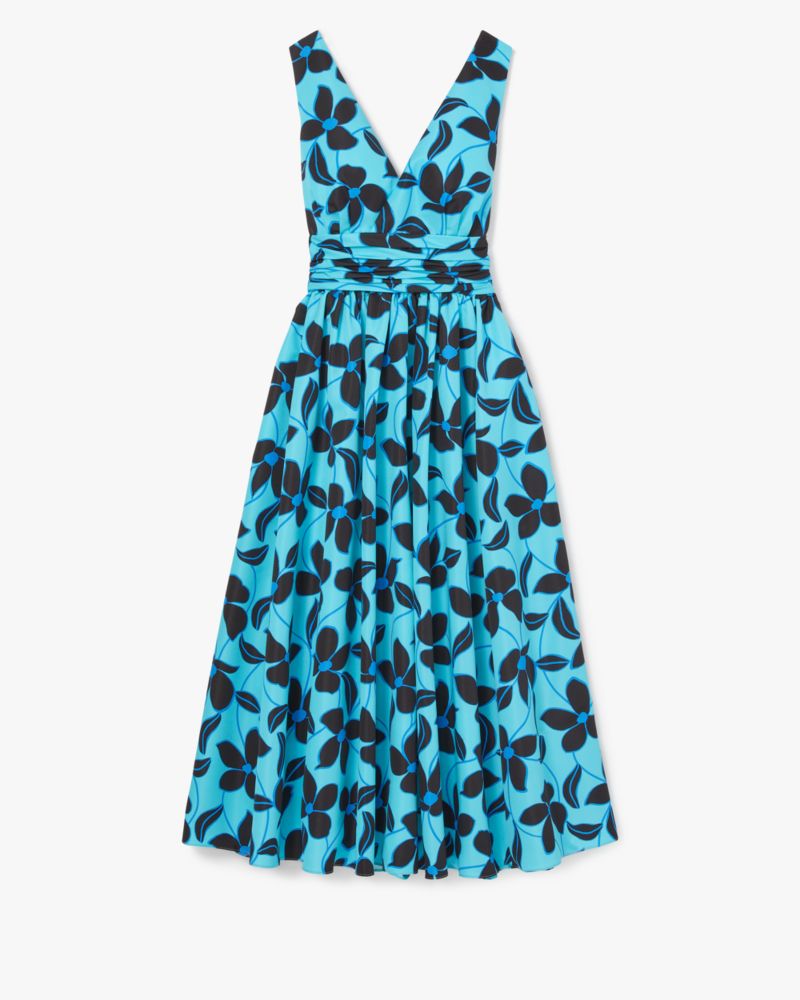 Kate Spade,Floral Vines V-neck Dress,Polyester,Fit & Flare,Ruched,Day Party,Blue